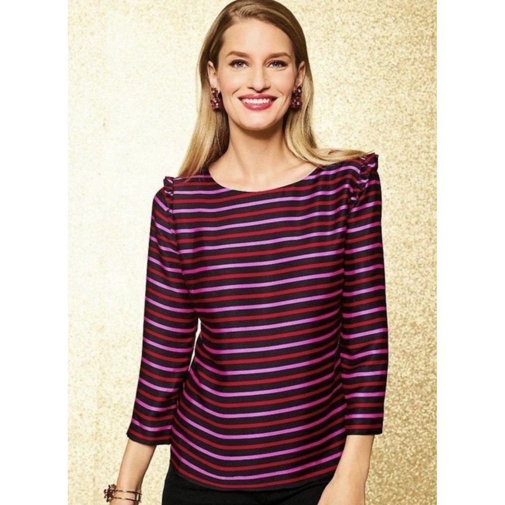 Rsvp By Talbots Women's Pink Red Striped Boat Neck Satin Blouse Formal Size 6P